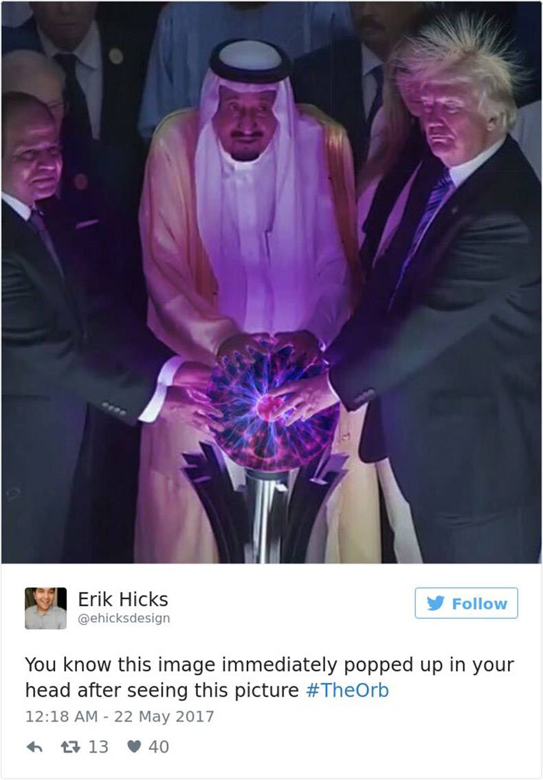 Meme of Donald Trump and Saudi Arabian King and Egyptian President around a glowing electrical orb.