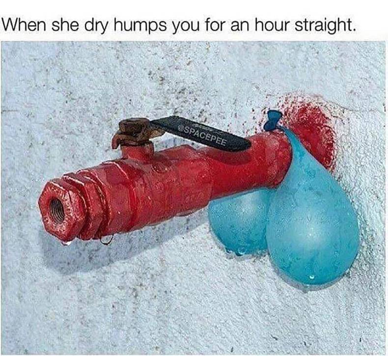 Faucet painted bright red with two water balloons strong across it, captioned 'When she dry humps you for an hour straight'