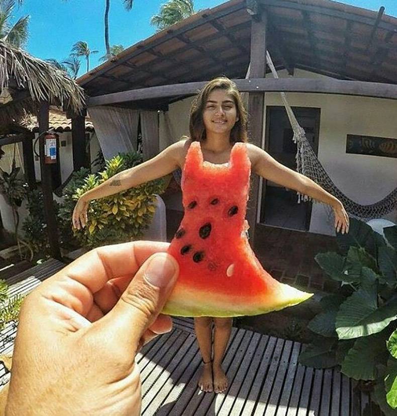 Girl with a water melon dress optical illusion