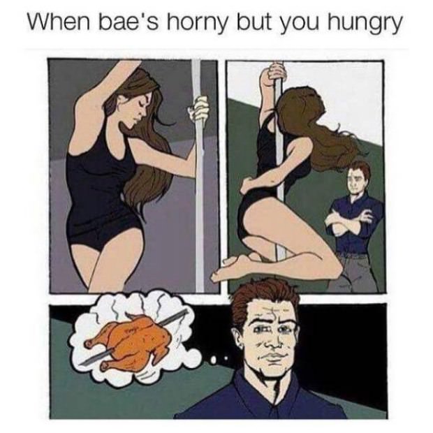 Cartoon of girl dancing on a pole and a guy not really interested captioned about how he is hungry and thinking about food.
