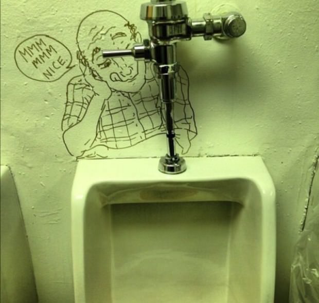 Disturbing old man drawn onto a urinal with a comment that is even more disturbing.