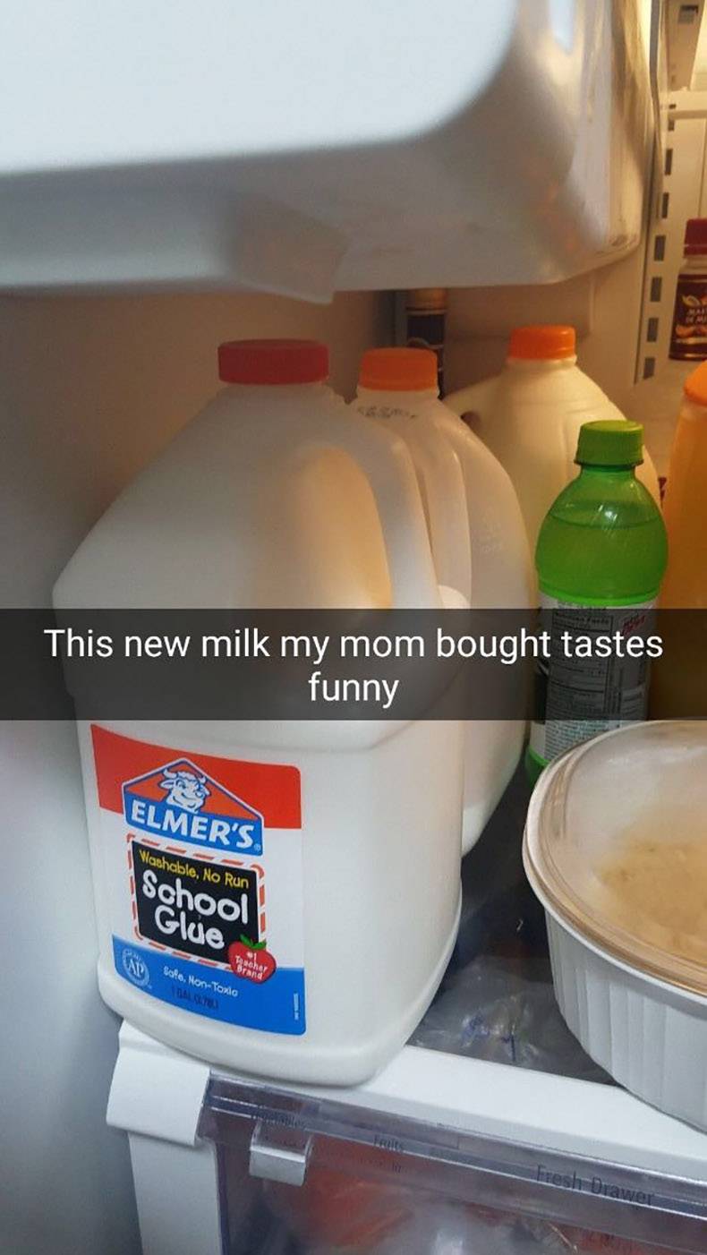 Snapchat of the milk tasting funny and it is pic of large jug of elmer's glue.