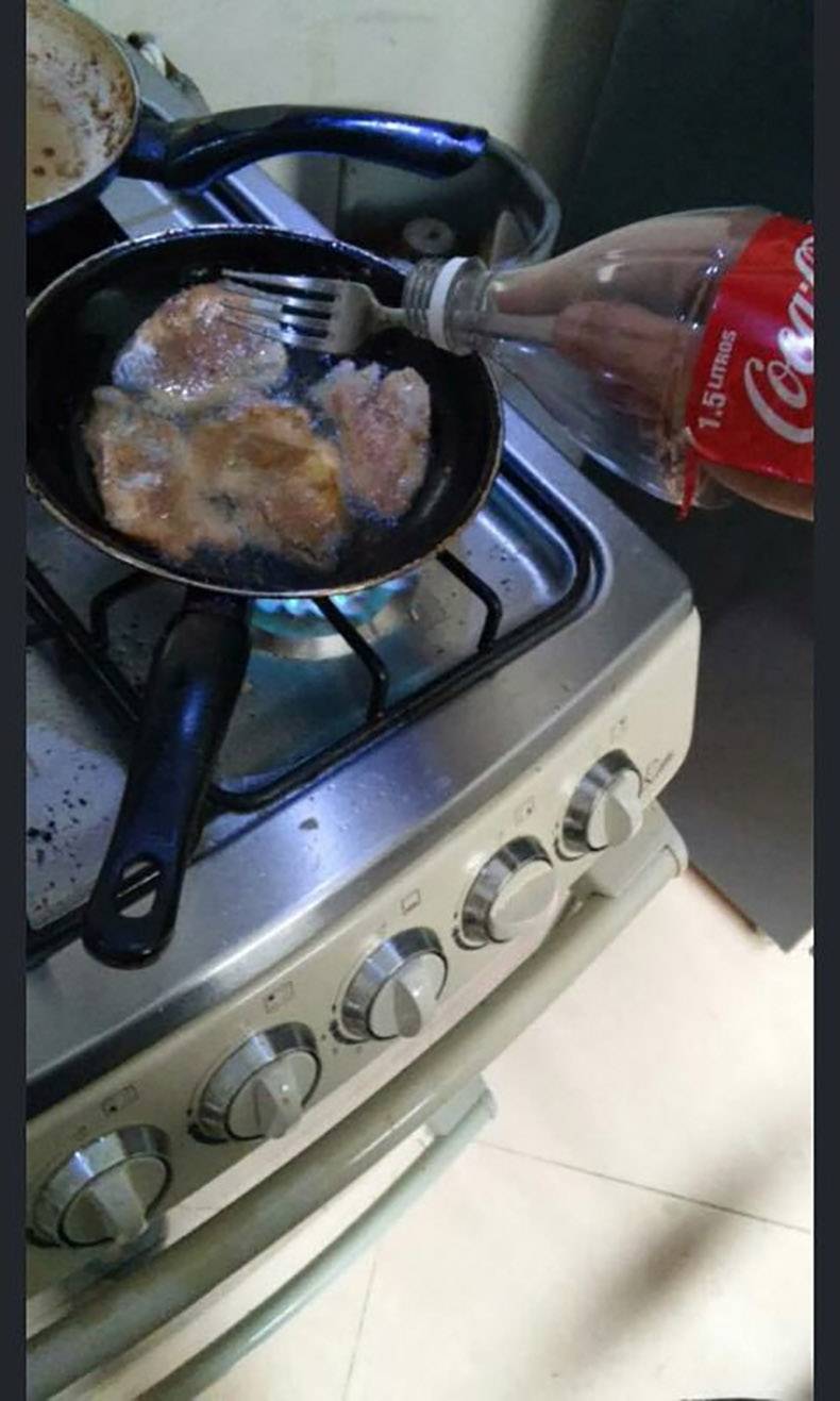 Using a coke bottle to protect your hands while frying
