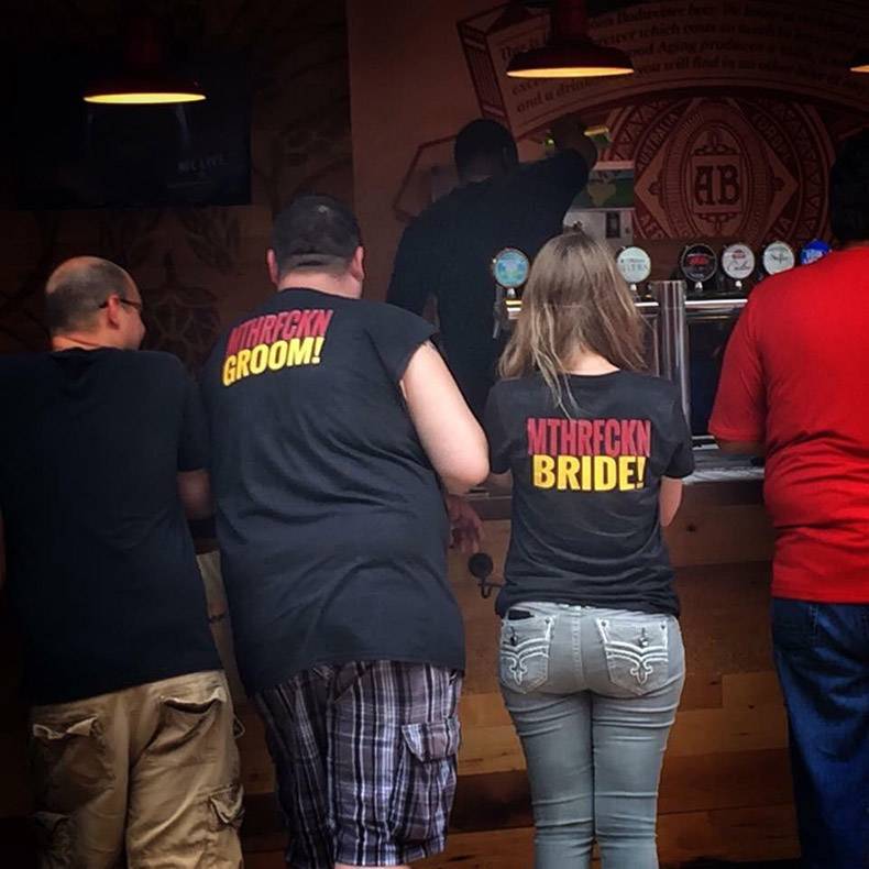 Bride and groom with matching t-shirts