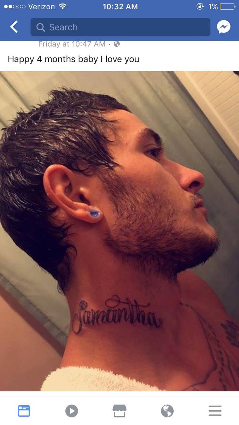 Facebook post of guy who says he loves his girl after 4 months, and he got a tattoo of her name on his neck.