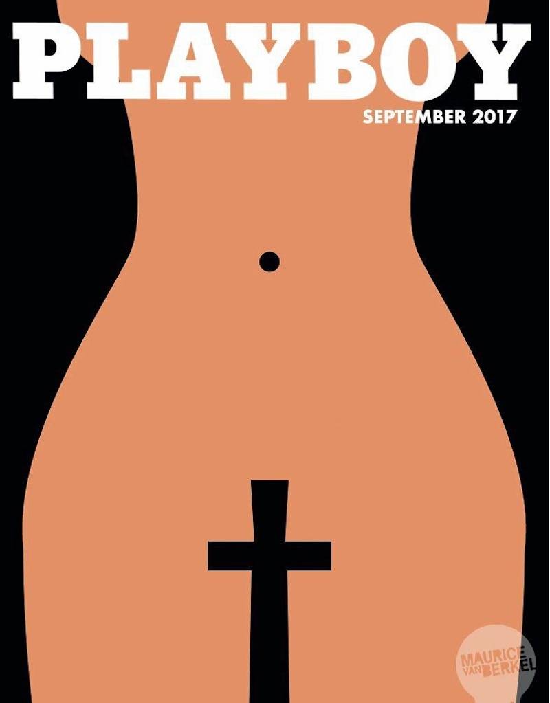 Playboy cover with cross over woman's underwear area.