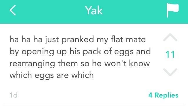 top yik yak - Yak 11 ha ha ha just pranked my flat mate by opening up his pack of eggs and rearranging them so he won't know which eggs are which id 4 Replies