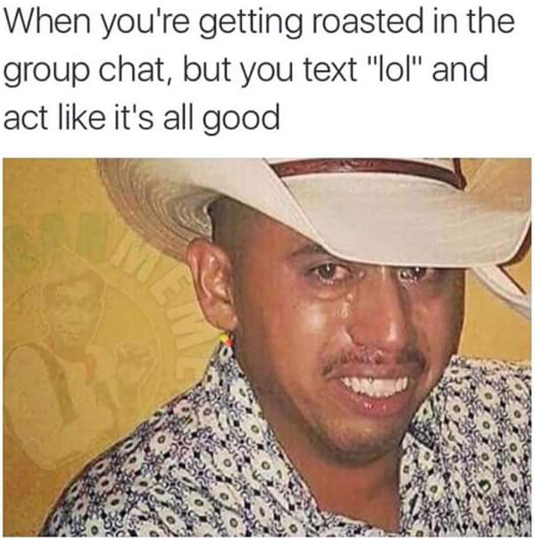 random pic roasted group chat meme - When you're getting roasted in the group chat, but you text "lol" and act it's all good