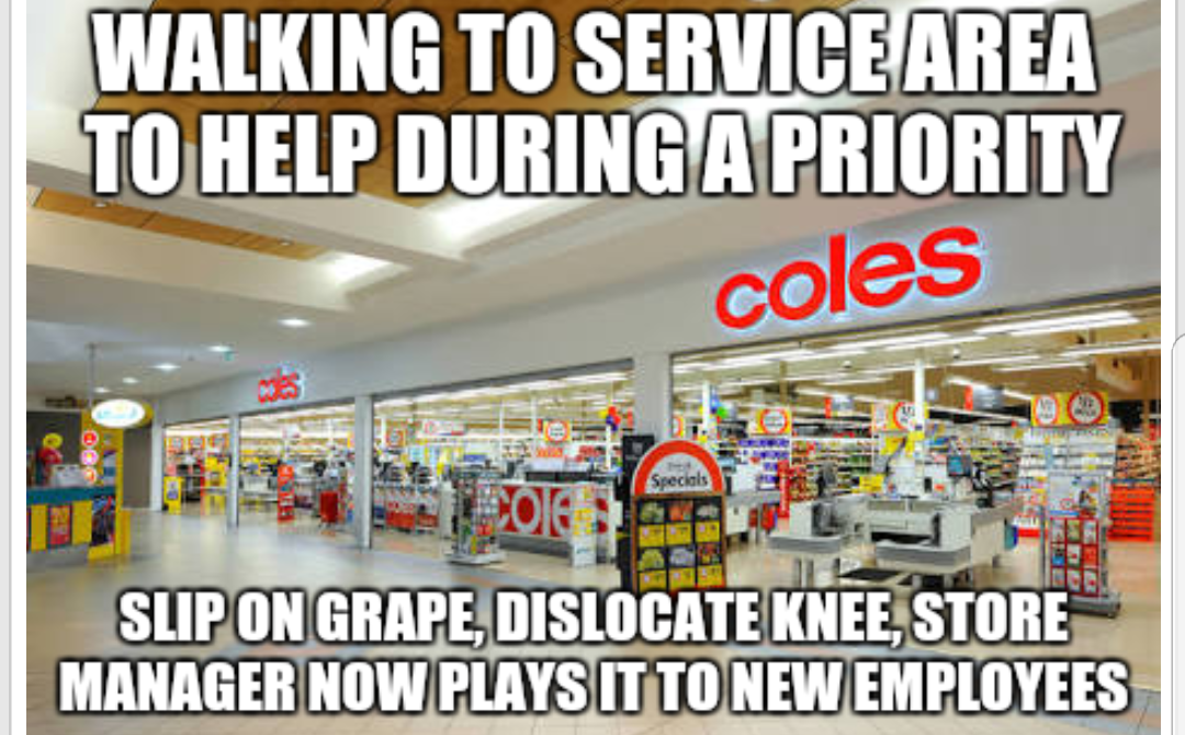 supermarket - Walking To Service Area To Help During A Priority coles Specials Slip On Grape Dislocate Knee, Store Manager Now Plays It To New Employees