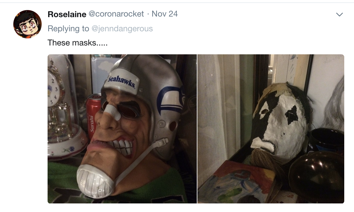 photo caption - Roselaine . Nov 24 These masks..... Seahawks Sara