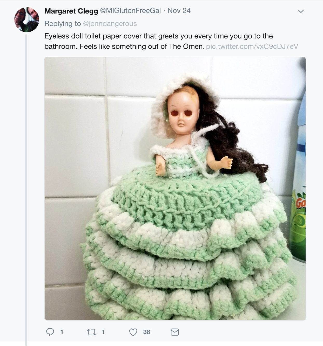crochet - Margaret Clegg FreeGal Nov 24 endangerous Eyeless doll toilet paper cover that greets you every time you go to the bathroom. Feels something out of The Omen.pic.twitter.comVxCBCD7eV