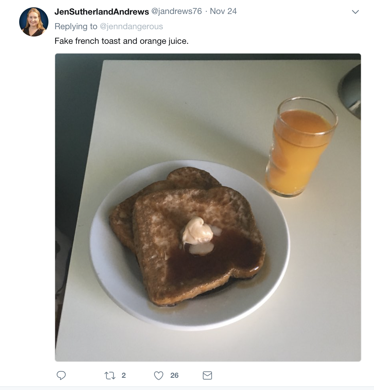 breakfast - JenSutherlandAndrews 24 endangerous Fake french toast and orange juice.