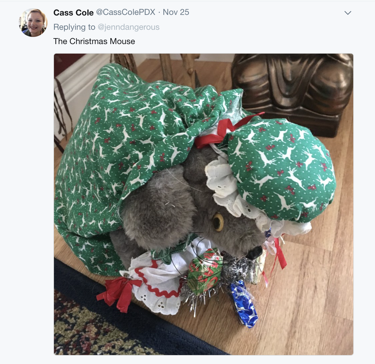 stuffed toy - Cass Cole CassColePDX Nov 25 The Christmas Mouse