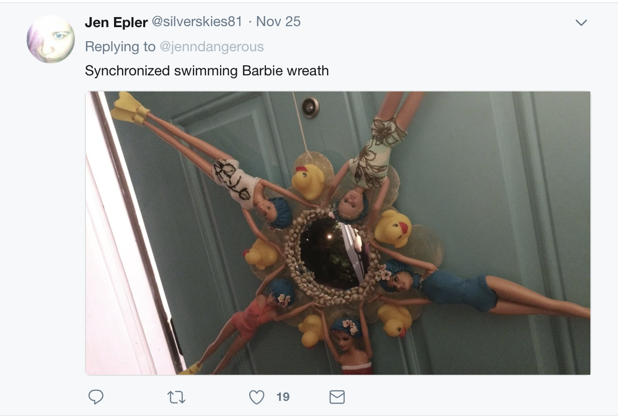 Jen Epler Nov 25 Synchronized swimming Barbie wreath 0 22 0 19 o