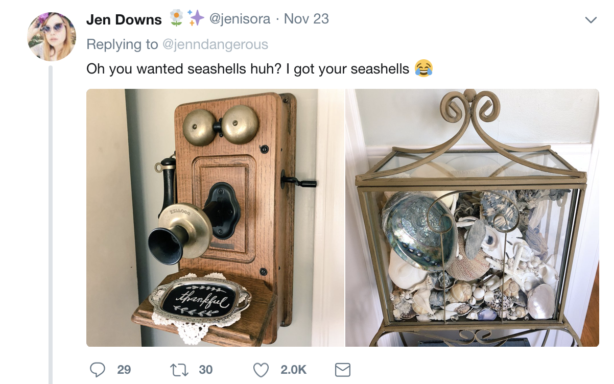 shelf - Jen Downs . Nov 23 Oh you wanted seashells huh? I got your seashells 297 302.
