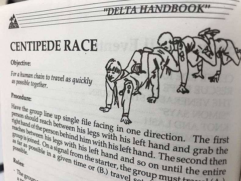 animal - "Delta Handbook" Centipede Race T W Objective For a human chain to travel as quickly as possible together. Procedure Have the group line up single file facing in one direction. I person should reach between his legs with his left hand and gra rig