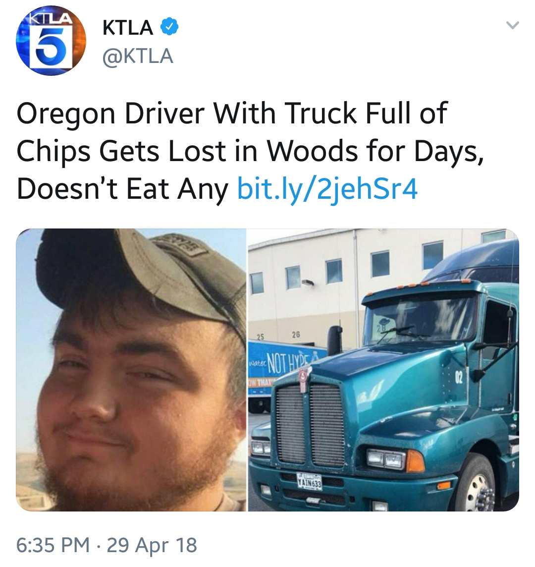 commercial vehicle - Ktla Oregon Driver With Truck Full of Chips Gets Lost in Woods for Days, Doesn't Eat Any bit.ly2jehSr4 29 Apr 18