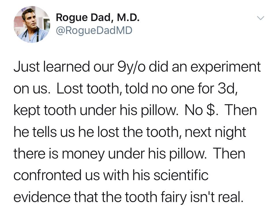 memes - 1 peter 3 3 4 - Rogue Dad, M.D. Just learned our 9yo did an experiment on us. Lost tooth, told no one for 3d, kept tooth under his pillow. No $. Then he tells us he lost the tooth, next night there is money under his pillow. Then confronted us wit