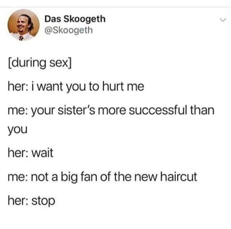memes - during sex i want you to hurt me meme - Das Skoogeth during sex her i want you to hurt me me your sister's more successful than you her wait me not a big fan of the new haircut her stop