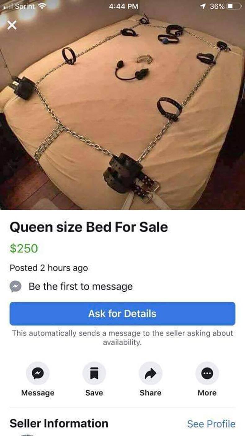 funny bdsm - Sprint 36% O Queen Size Bed For Sale $250 Posted 2 hours ago Be the first to message Ask for Details This automatically sends a message to the seller asking about availability. Message Save More Seller Information See Profile