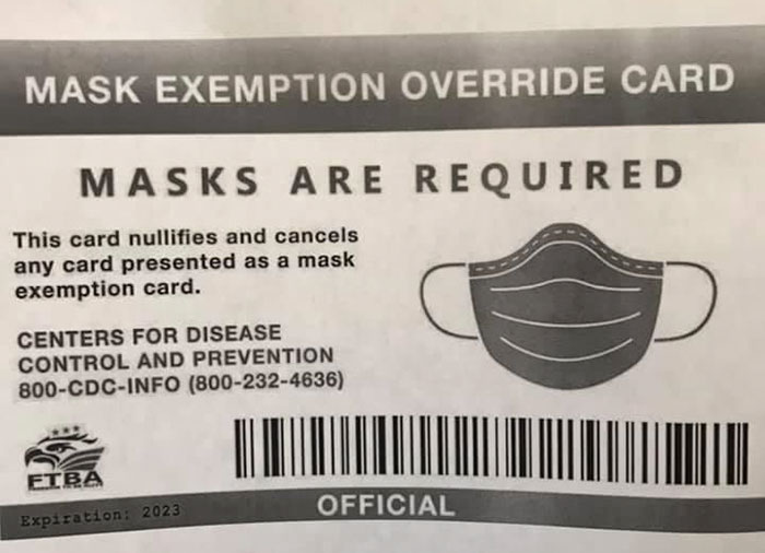 label - Mask Exemption Override Card Masks Are Required This card nullifies and cancels any card presented as a mask exemption card. Centers For Disease Control And Prevention 800CdcInfo 8002324636 Etba Official Expiration 2023