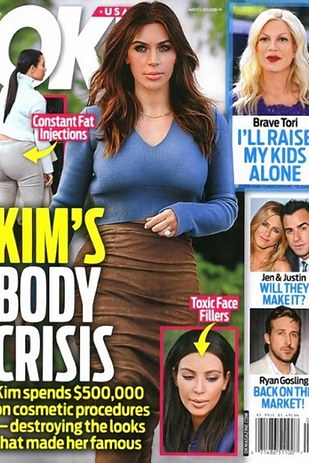 Kim Kardashian was photoshopped for this OK! cover image. Not only do Kim's hips appear slimmer in the image selected for the cover of OK! magazine, but bizarrely the color of her clothes have been altered as well. Kim called them out on Twitter, saying, "BTW tabloid--please don't photoshop my clothes! If they photoshop my clothes who knows what else they tweak."