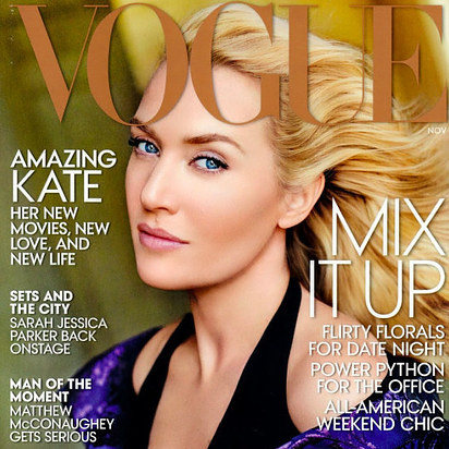 Kate Winslet's (age 39) face has been airbrushed so significantly in this Vogue cover image that she almost doesn't look human. Her complexion and eyes have totally changed color, and any sign of a wrinkle has been completely erased.