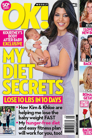 on the cover of OK! magazine, which changed the color of Kourtney and Mason's clothing to give the impression of a new photo shoot. They also slimmed Kourtney's stomach down, making her look as though she'd lost all of her baby weight.