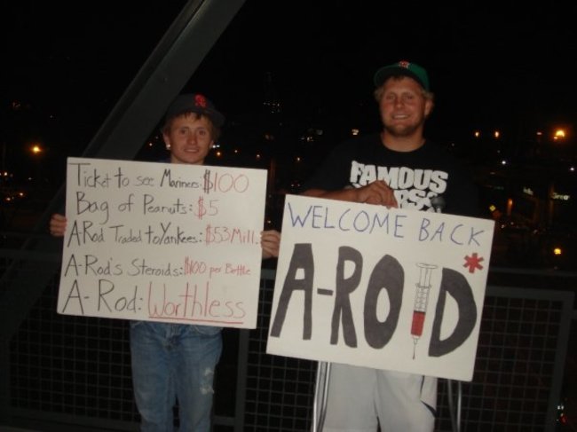 protest - Welcome Back Ticket to see Mariners $100 Bag of Pearuits $5 ARod Traded to Yankees 153 Mille A Rods Steroids100 pes Bottle ARod Worthless Jaroid