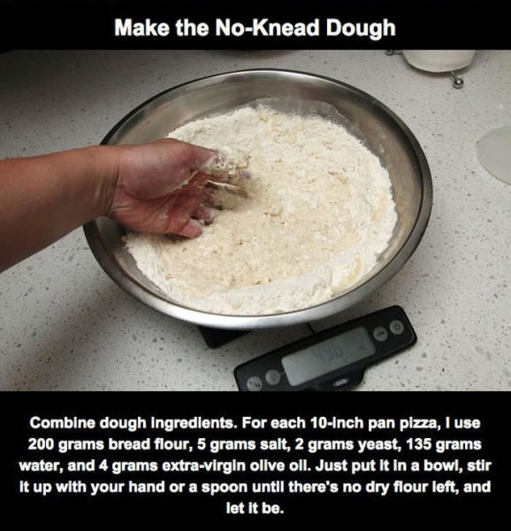 flour - Make the NoKnead Dough Combine dough Ingredients. For each 10Inch pan pizza, I use 200 grams bread flour, 5 grams salt, 2 grams yeast, 135 grams water, and 4 grams extravirgin olive oil. Just put it in a bowl, stir It up with your hand or a spoon 