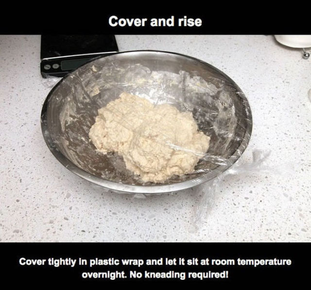 flour - Cover and rise Cover tightly in plastic wrap and let it sit at room temperature overnight. No kneading required!