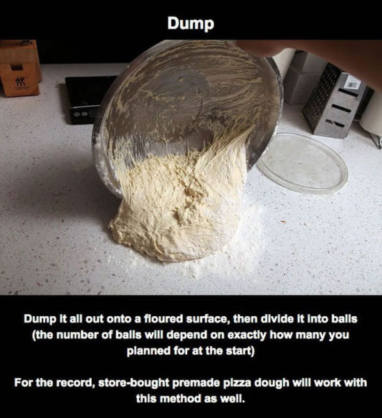 photo caption - Dump Dump It all out onto a floured surface, then divide it into balls the number of balls will depend on exactly how many you planned for at the start For the record, storebought premade pizza dough will work with this method as well.