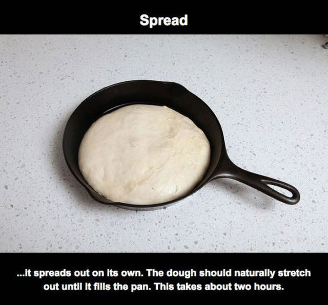 material - Spread ...It spreads out on its own. The dough should naturally stretch out until it fills the pan. This takes about two hours.