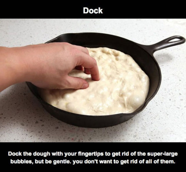 pan pizza dough recipe - Dock Dock the dough with your fingertips to get rid of the superlarge bubbles, but be gentle. you don't want to get rid of all of them.