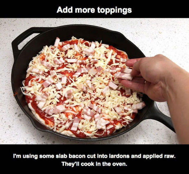 pizza - Add more toppings I'm using some slab bacon cut into lardons and applied raw. They'll cook in the oven.