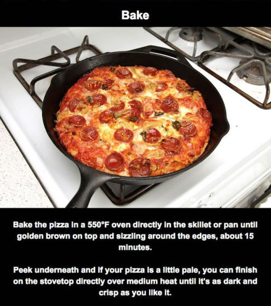 Bake Bake the pizza In a 550F oven directly in the skillet or pan until golden brown on top and sizzling around the edges, about 15 minutes. Peek underneath and If your pizza is a little pale, you can finish on the stovetop directly over medium heat until