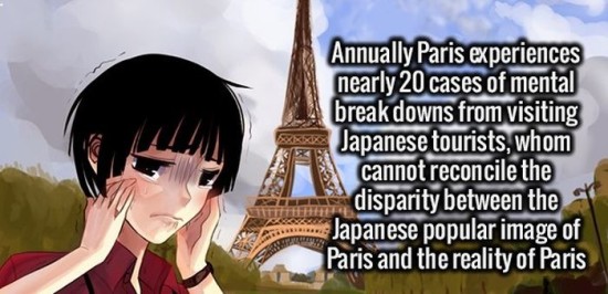 Mind - Annually Paris experiences nearly 20 cases of mental break downs from visiting Japanese tourists, whom cannot reconcile the disparity between the Japanese popular image of Paris and the reality of Paris