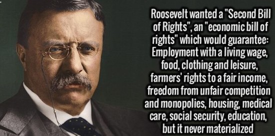 photo caption - Roosevelt wanted a "Second Bill of Rights", an "economic bill of rights" which would guarantee Employment with a living wage, food, clothing and leisure, farmers' rights to a fair income, freedom from unfair competition and monopolies, hou