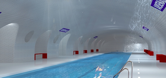 This campaign concept (by a failed mayoral candidate) in Paris, would have turned abandoned stations and tunnels into swimming pools.  Not a real image, just a well done photoshop.