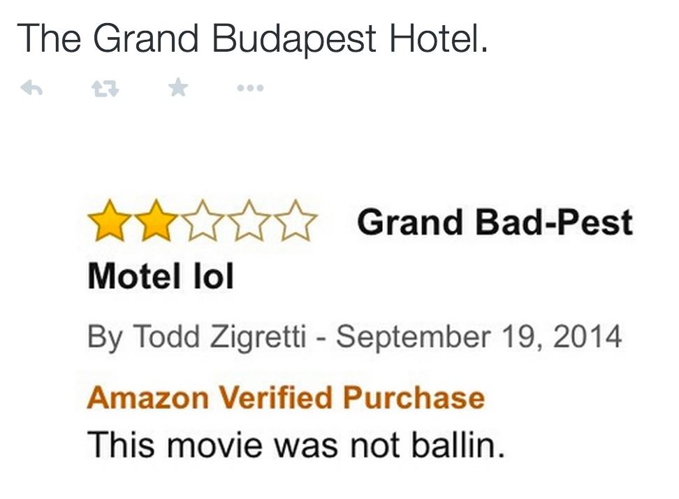 amazon reviews - funny amazon movie reviews - The Grand Budapest Hotel. V Motel lol Grand BadPest By Todd Zigretti Amazon Verified Purchase This movie was not ballin.