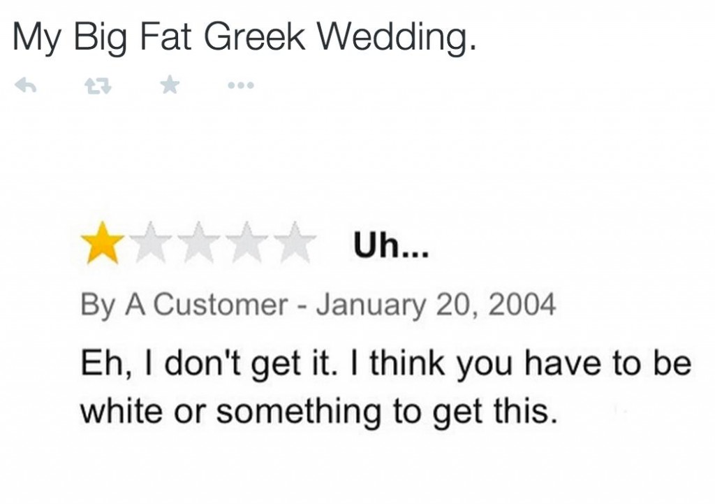 amazon reviews - diagram - My Big Fat Greek Wedding. 23 Uh... By A Customer Eh, I don't get it. I think you have to be white or something to get this.