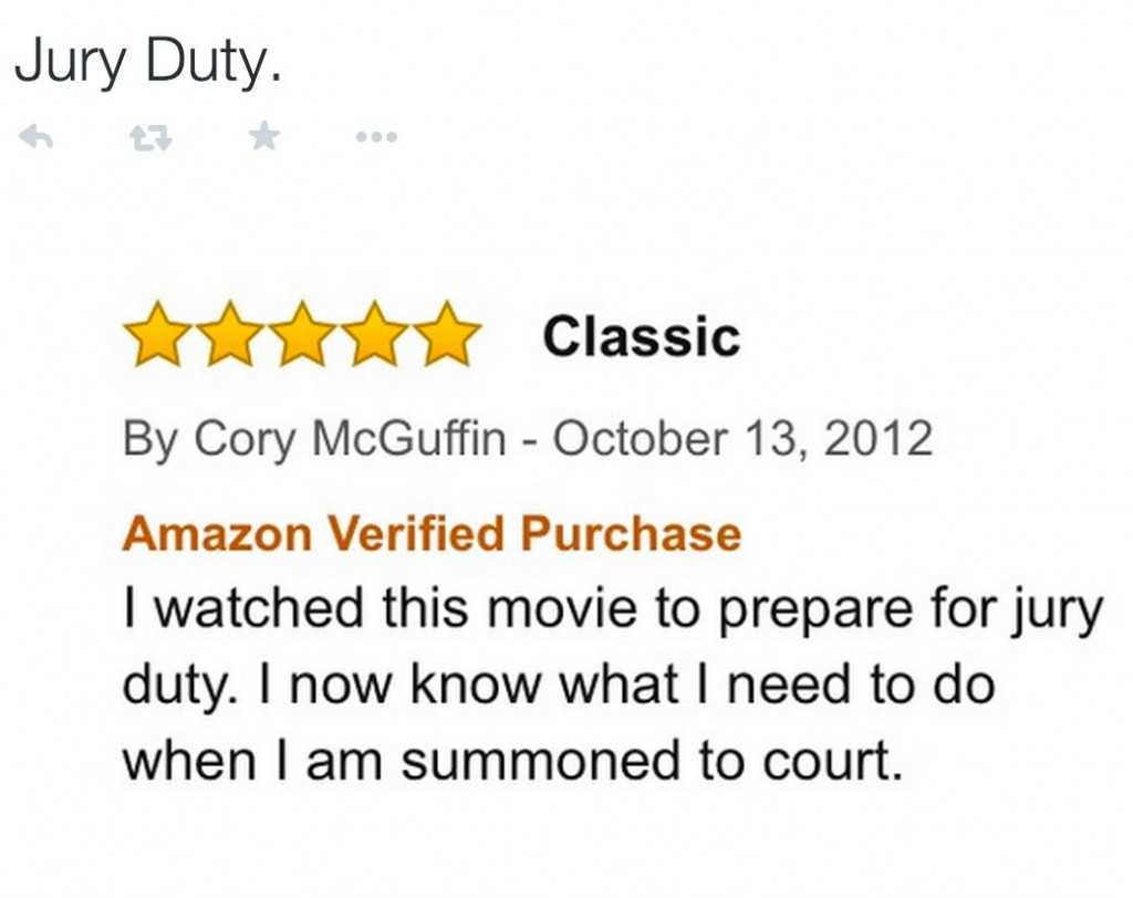 amazon reviews - document - Jury Duty. Classic By Cory McGuffin Amazon Verified Purchase I watched this movie to prepare for jury duty. I now know what I need to do when I am summoned to court.