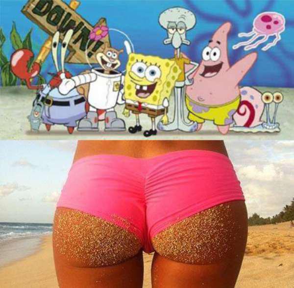 Spongebob Squarepants is a tampon. His friends are Sandy Cheeks and a starfish. He lives in Bikini Bottom and works at the Krusty Krab. Gross but true.