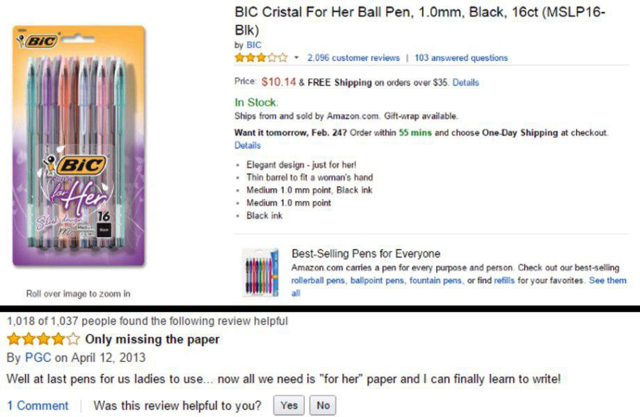 amazon reviews - amazon product reviews - Bic Bic Cristal For Her Ball Pen, 1.0mm, Black, 16ct Mslp 16 Blk by Bic 2,096 customer reviews | 103 answered questions Price $10.14 & Free Shipping on orders over $35. Details In Stock Ships from and sold by Amaz