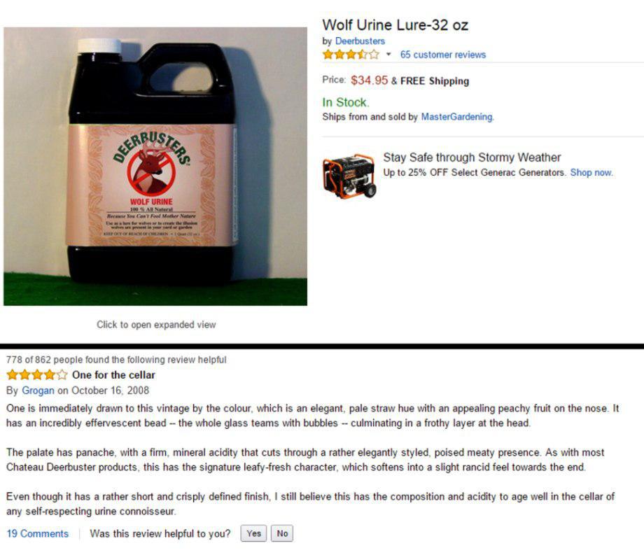 amazon reviews - Wolf Urine Lure32 oz by Deerbusters 65 customer reviews Price $34.95 & Free Shipping In Stock Ships from and sold by MasterGardening Rbus Ers Stay Safe through Stormy Weather Up to 25% Off Select Generac Generators. Shop now. Wolf Urine 1