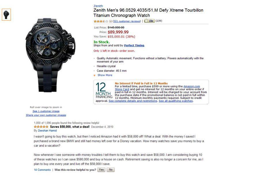 amazon reviews - amazon watch review - Zenith Zenith Men's 96.0529.403551.M Defy Xtreme Tourbillon Titanium Chronograph Watch 321 customer reviews 239 List Price 5445.000.00 Price $89,999.99 You Save $55,000.01 38% In Stock. Ships from and sold by Perfect