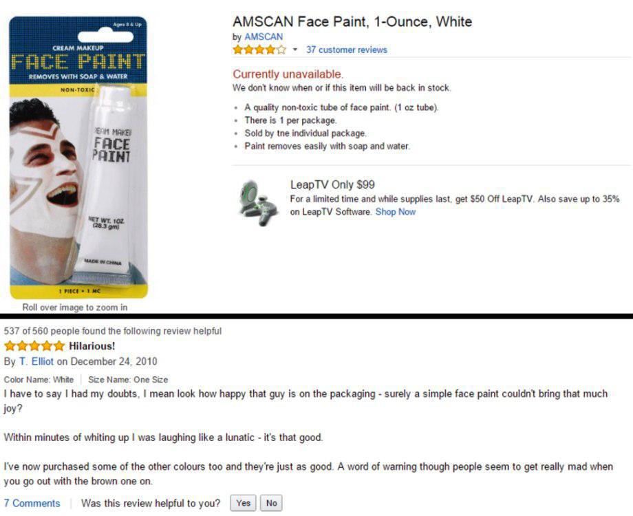 amazon reviews - hilarious reviews - Amscan Face Paint, 1Ounce, White by Amscan test 37 customer reviews Cream Makeup Face Paint Removes With Soap & Water Currently unavailable. We don't know when or if this item will be back in stock NonToxic Eam Make Fa