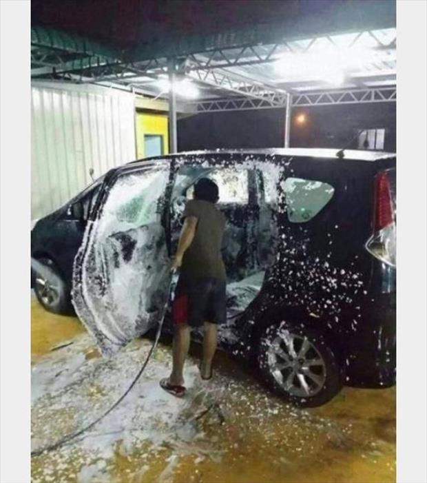 The guy not sure how to clean the inside of his car.