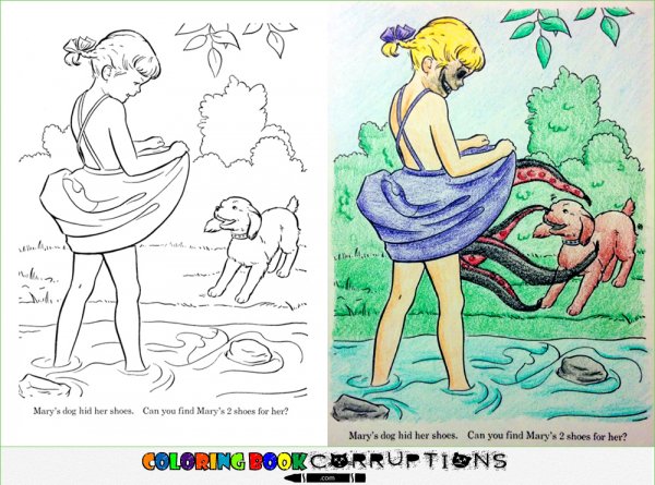 coloring book corruptions - Mary's dog lid her shoes. Can you find Mary's 2 shoes for her? Mary's dog hid her shoes. Can you find Mary's 2 shoes for her? Coloring Book Corruptions
