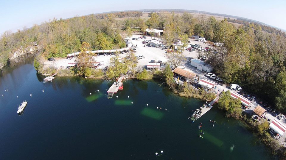 Amazing aerial photo of a great day of scuba diving at Mermet Springs in southern Illinois! Notice all three underwater training platforms are view-able as well as the submerged school bus at 30' at the bottom right.